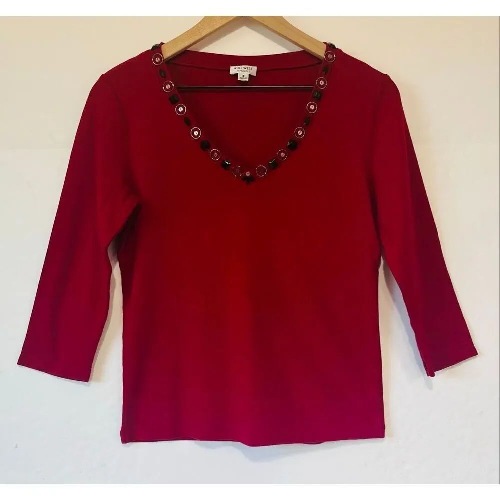 Nine West Separates Red Beaded Neckline Top   Size S